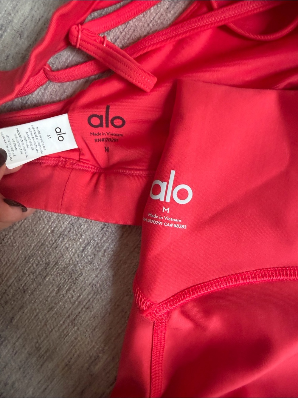 ALO Yoga Bright Red Strappy Bralette and High-Waist Bike Shorts Set - Picture 2 of 2